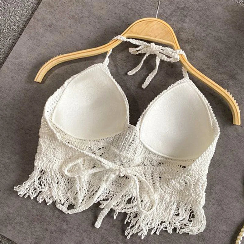 Sexy Boho Beach Holiday Camisole Halter Women Crochet Knit Swimsuit Bra Backless Vest Hollow Tassel Tank Top Women's Crop Tops - 3KDyn